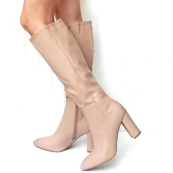 New Nude Point Toe Knee High Chunky Heel Boots - Picture 4 of 5